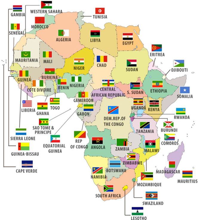 Bản đồ các nước Châu Phi và quốc kỳ từng quốc gia
