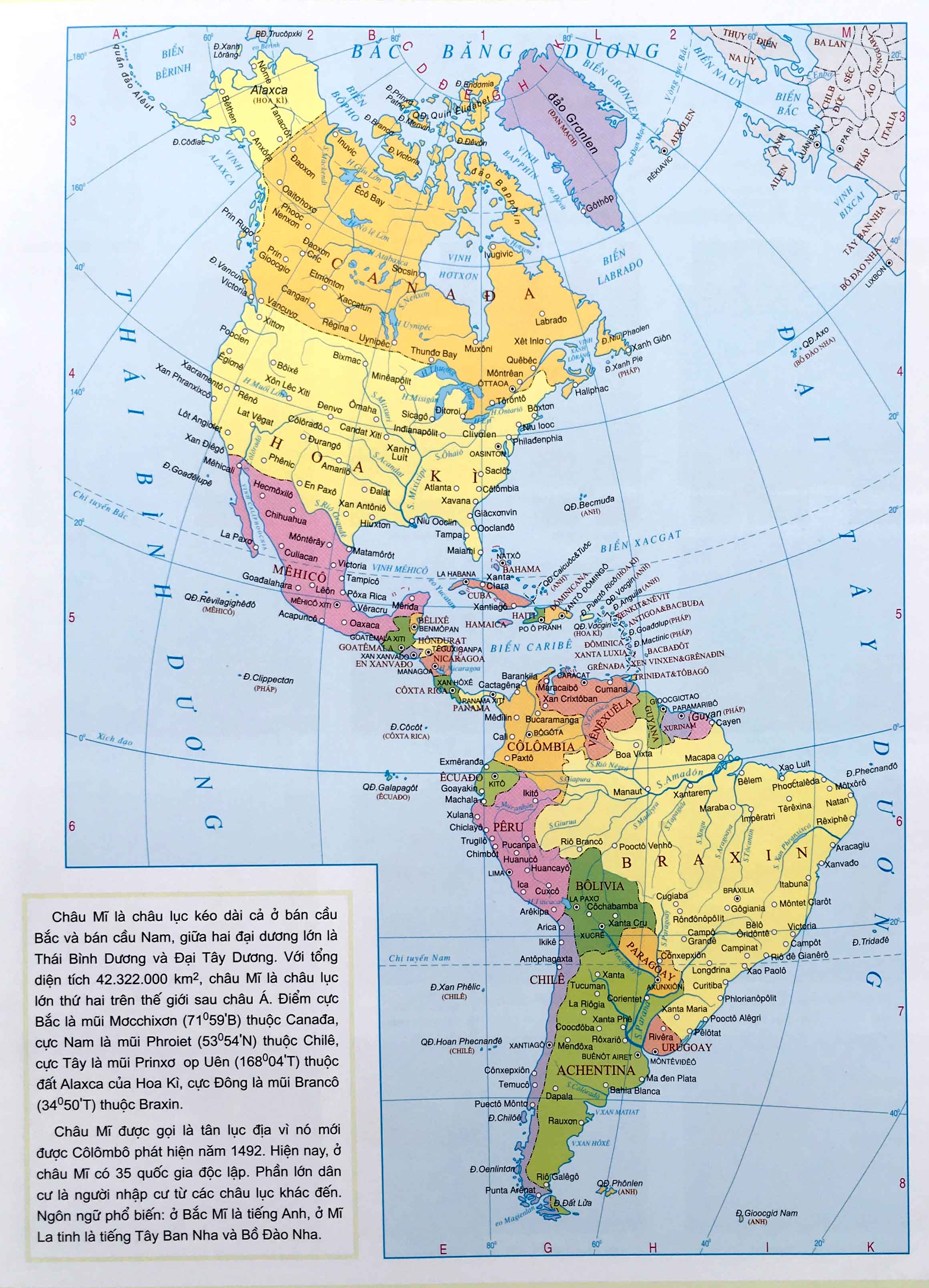 Bản đồ các nước ở lục địa Châu Mỹ với 35 quốc gia