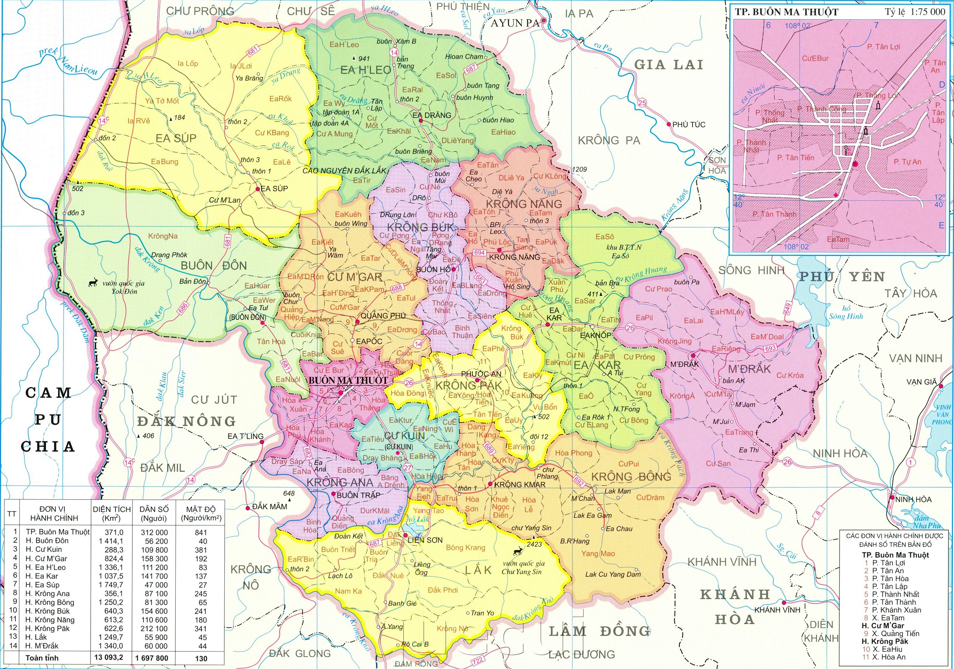 Bản đồ hành chính tỉnh Đắk Lắk, Click vào để xem Full HD