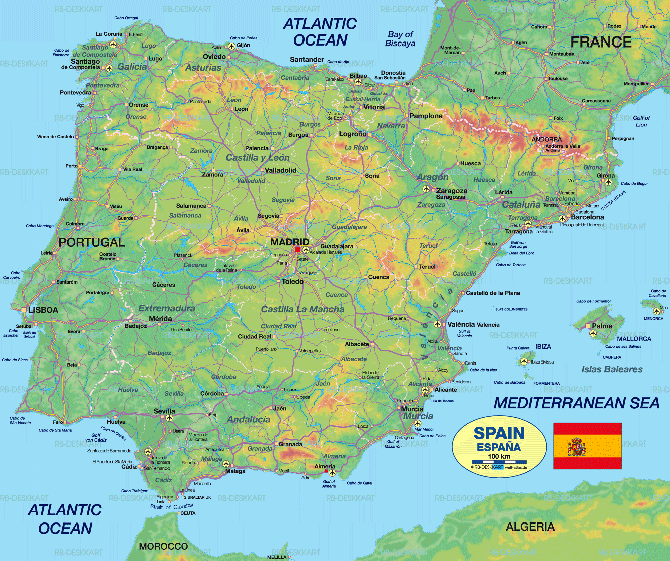 Bản đồ địa hình và giao thông Vương Quốc Tây Ban Nha