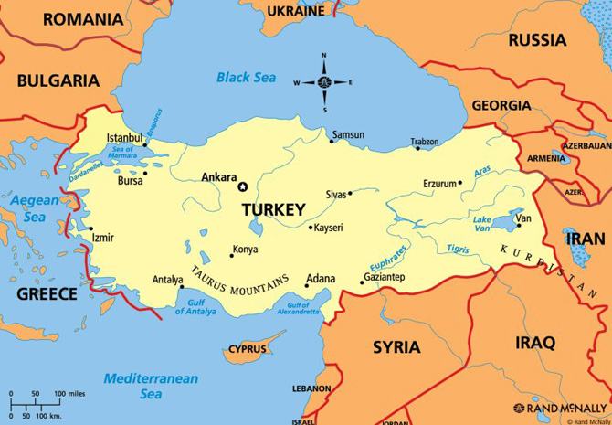 Bản đồ đất nước Thổ Nhĩ Kỳ và các quốc gia láng giềng