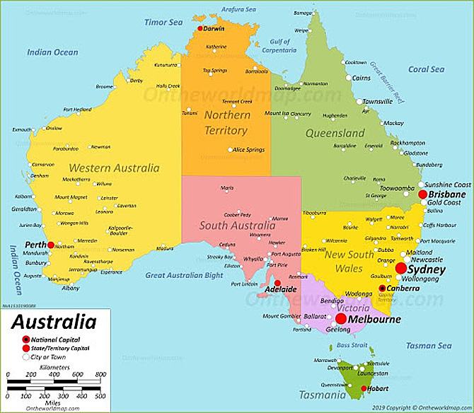 Bản đồ nước Australia phân chi theo khu vực: Đông, Tây, Nam, Bắc