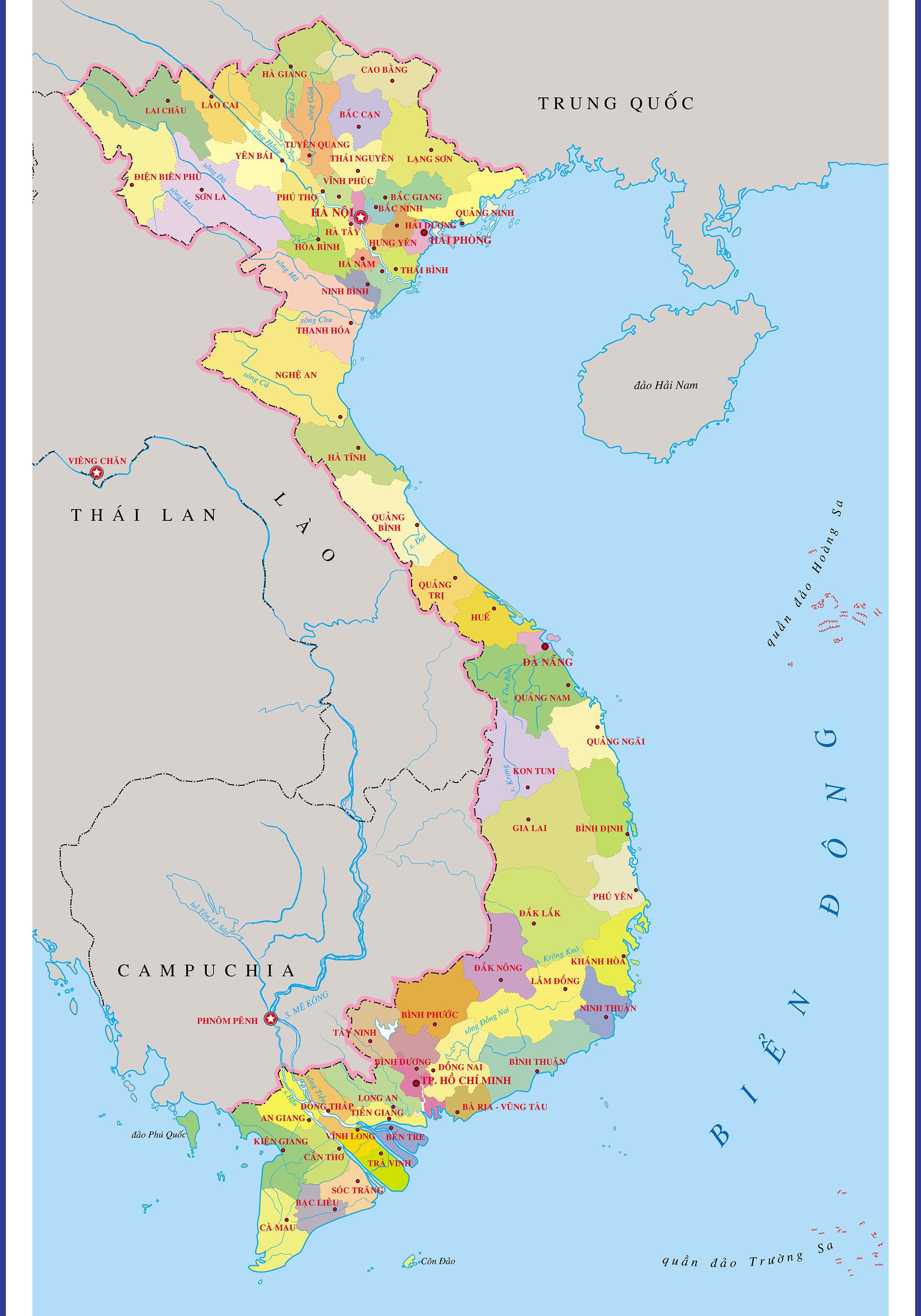 Bản đồ vị trí các tỉnh chiều dài từ Bắc tới Nam