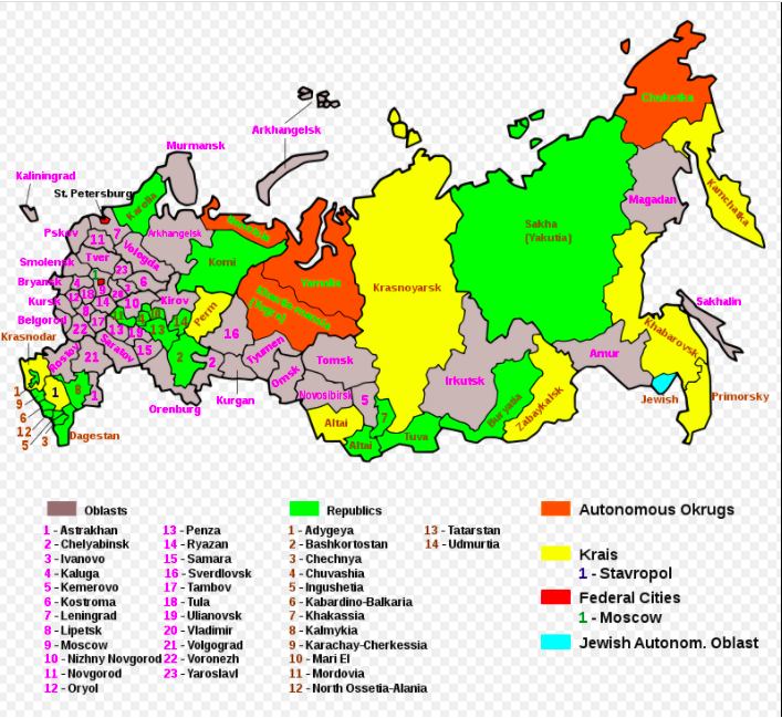 Bản đồ hành chính các tỉnh của Liên Bang Nga