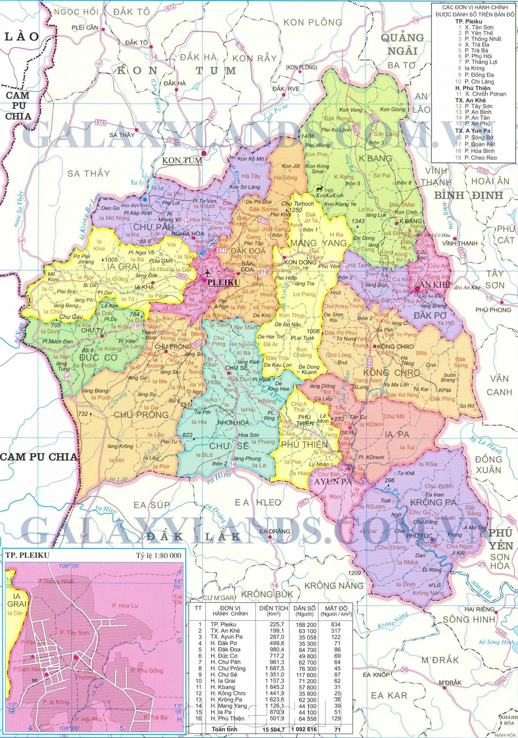 Bản đồ hành chính tỉnh Gia Lai khổ Lớn - Bản đồ các huyện tỉnh Gia Lai