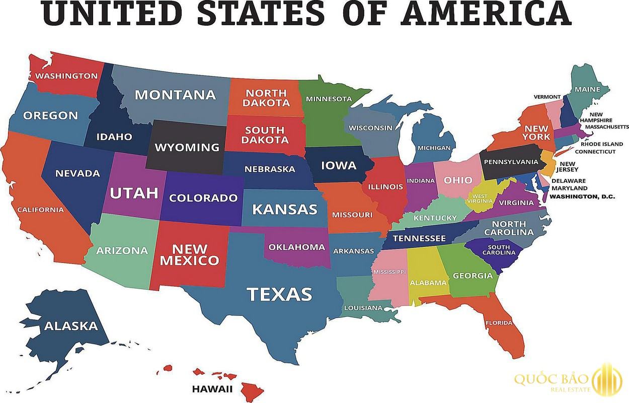 Bản đồ hiển thị toàn bộ 50 tiểu bang của Hoa Kỳ