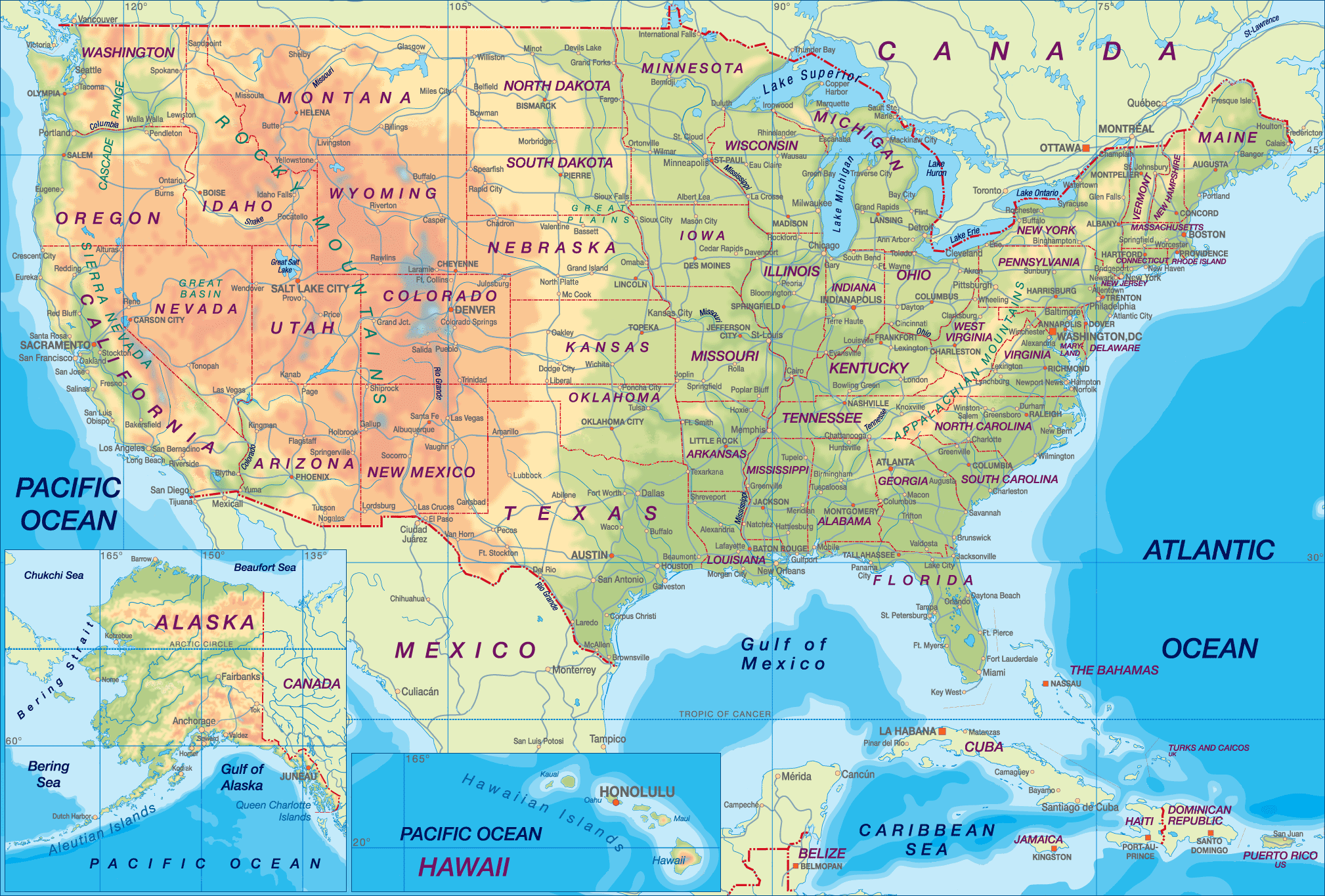 Bản đồ hành chính đầy đủ và chi tiết, bao gồm tất cả 50 tiểu bang của Hoa Kỳ