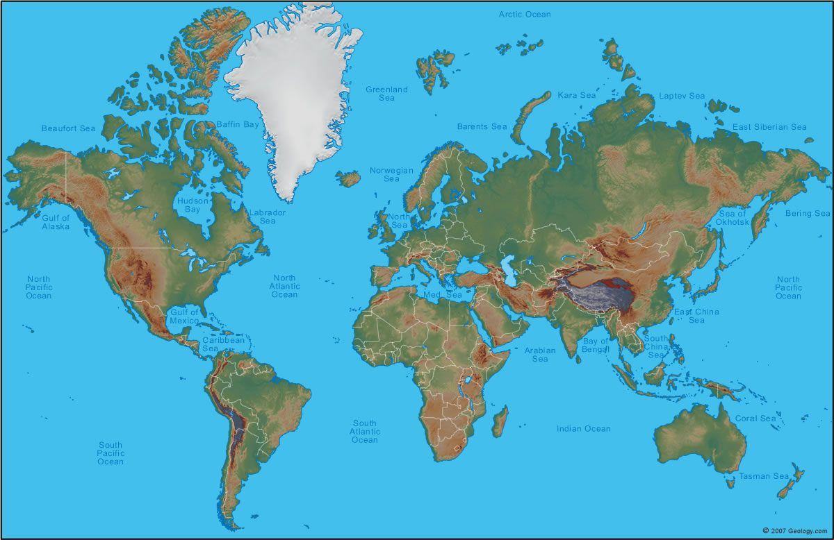 Bản đồ địa hình tự nhiên các châu lục trên Trái Đất