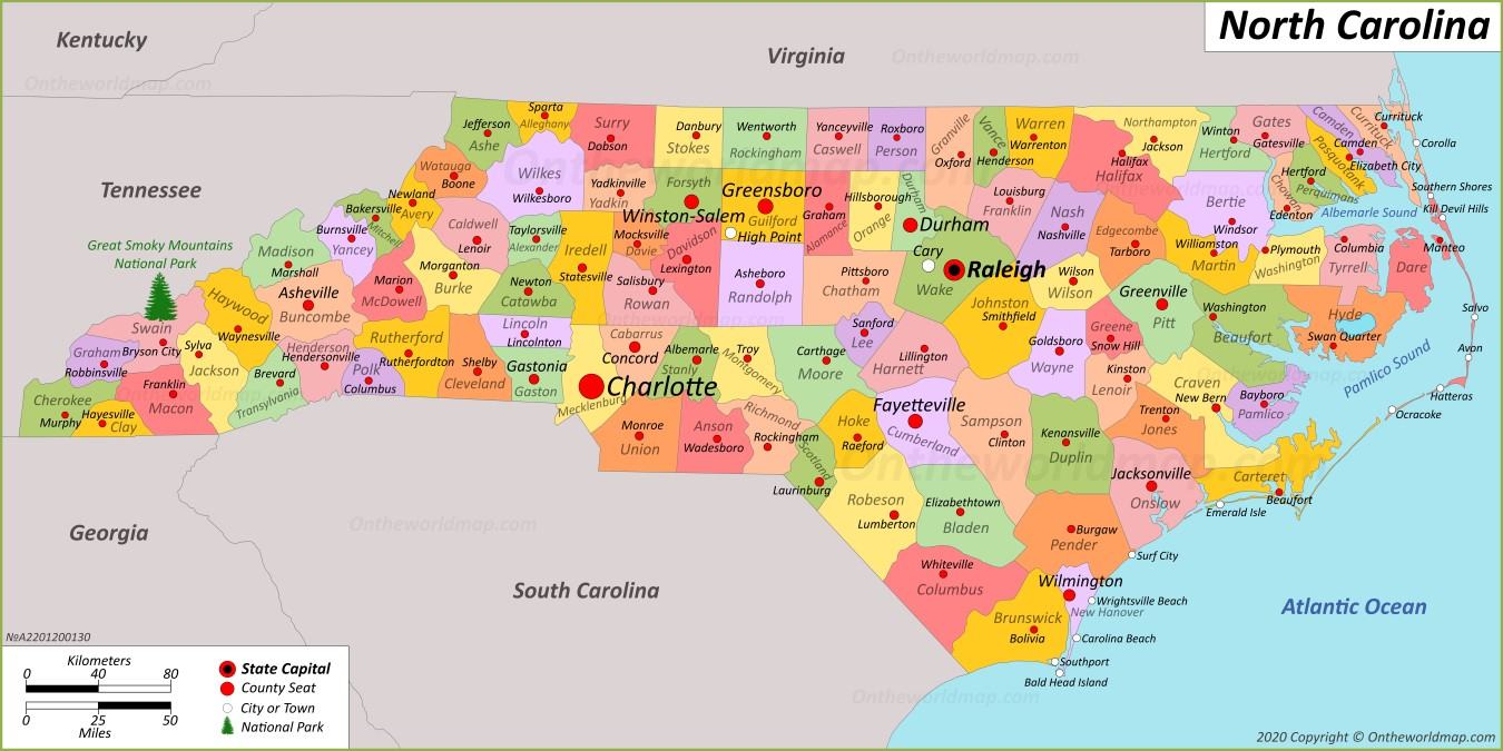 Bản đồ tiểu bang Bắc Carolina